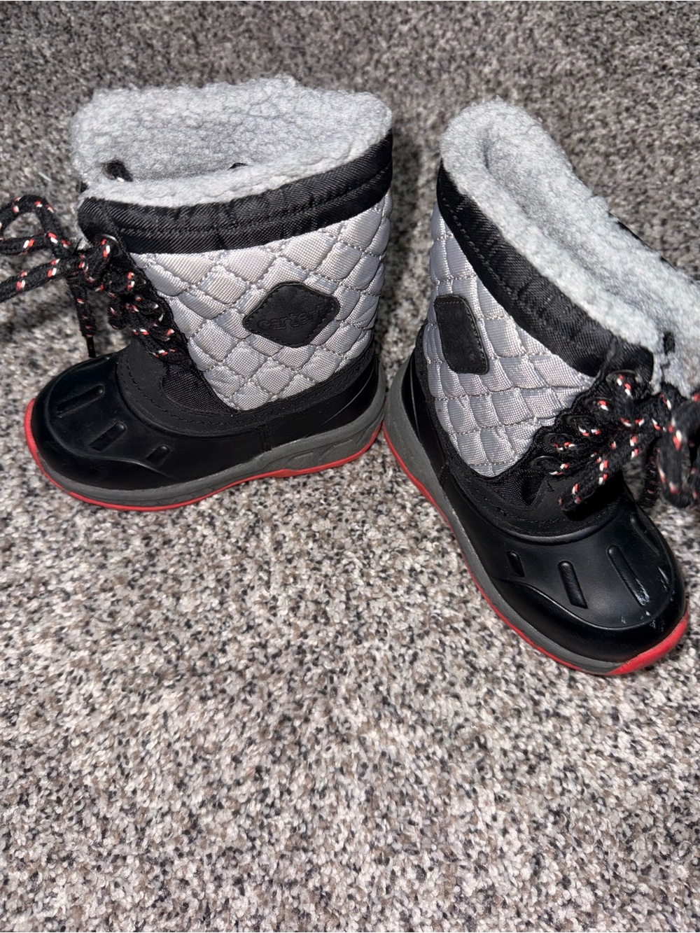 Carter's Quilted Gray & Black Kids Snow Boots with Red Accent
